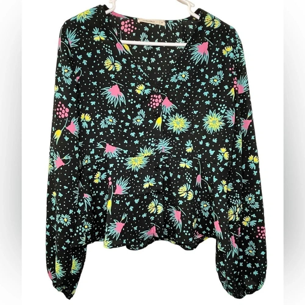 Rokoko Peplum Top Black Floral Button Up Size Medium Boho Long Sleeve Colorful